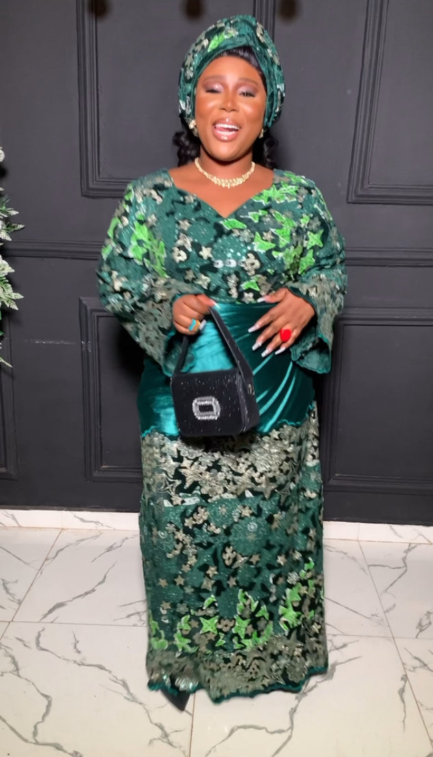 Dessy Velvet and sequins Ankara blouse and wrapper in green
