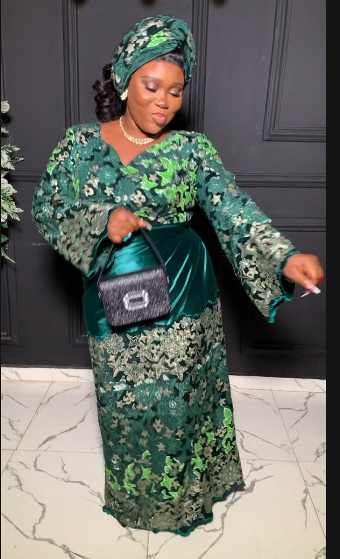 Dessy Velvet and sequins Ankara blouse and wrapper in green