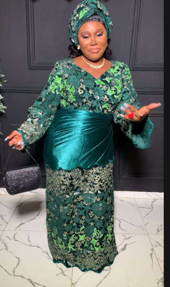Dessy Velvet and sequins Ankara blouse and wrapper in green