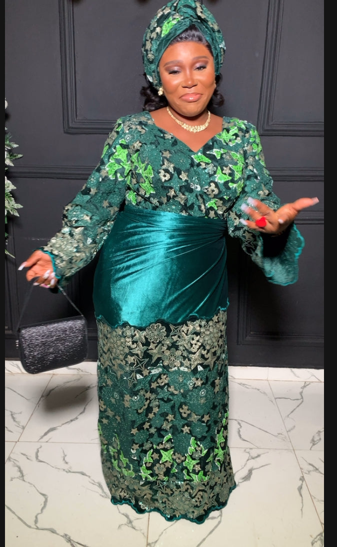Dessy Velvet and sequins Ankara blouse and wrapper in green