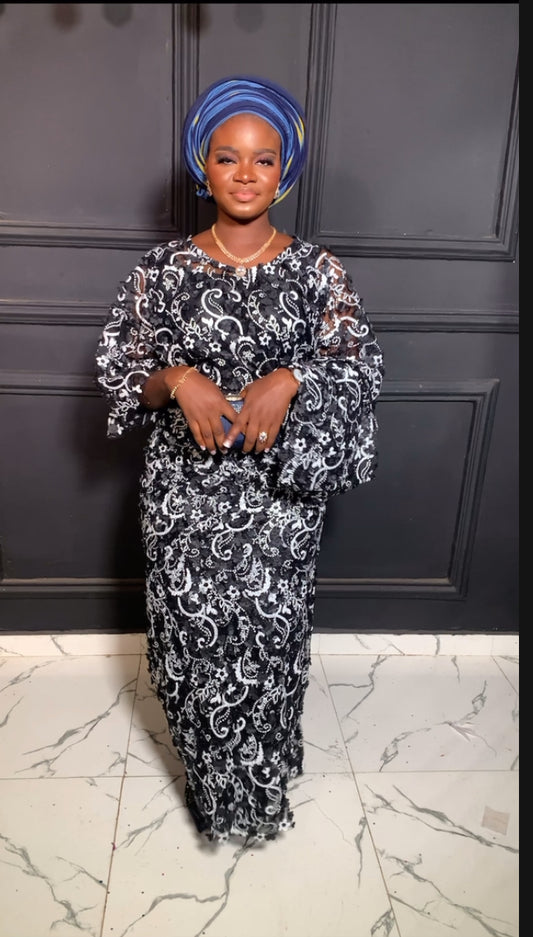 Ada blouse and wrapper lace (iro & buba) in black & white