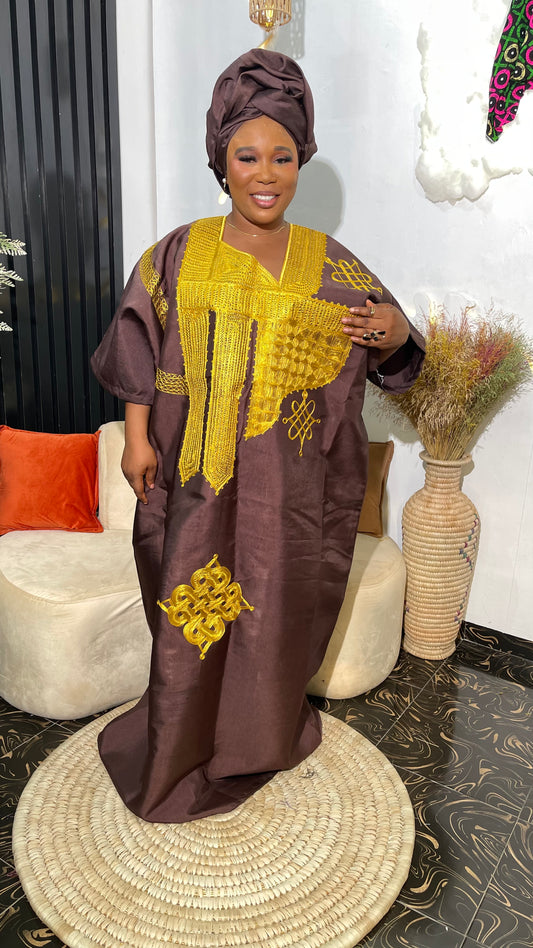 Abigail Elegant kaftan dress with embroidery in brown