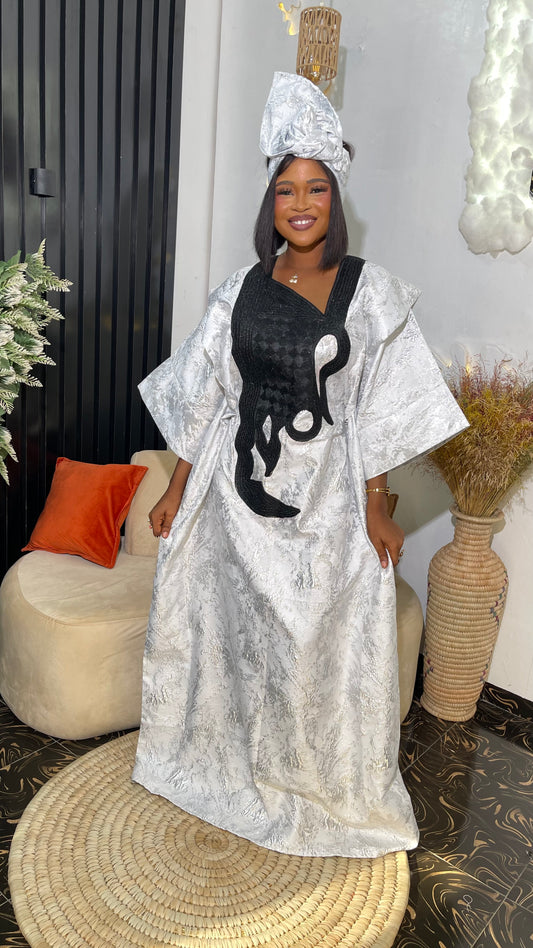 Elegant Damask bubu White dress with black embroidery