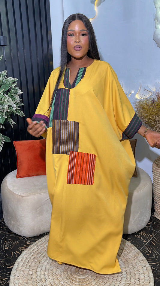 Omeun elegant crepe bubu dress with aso oke patches