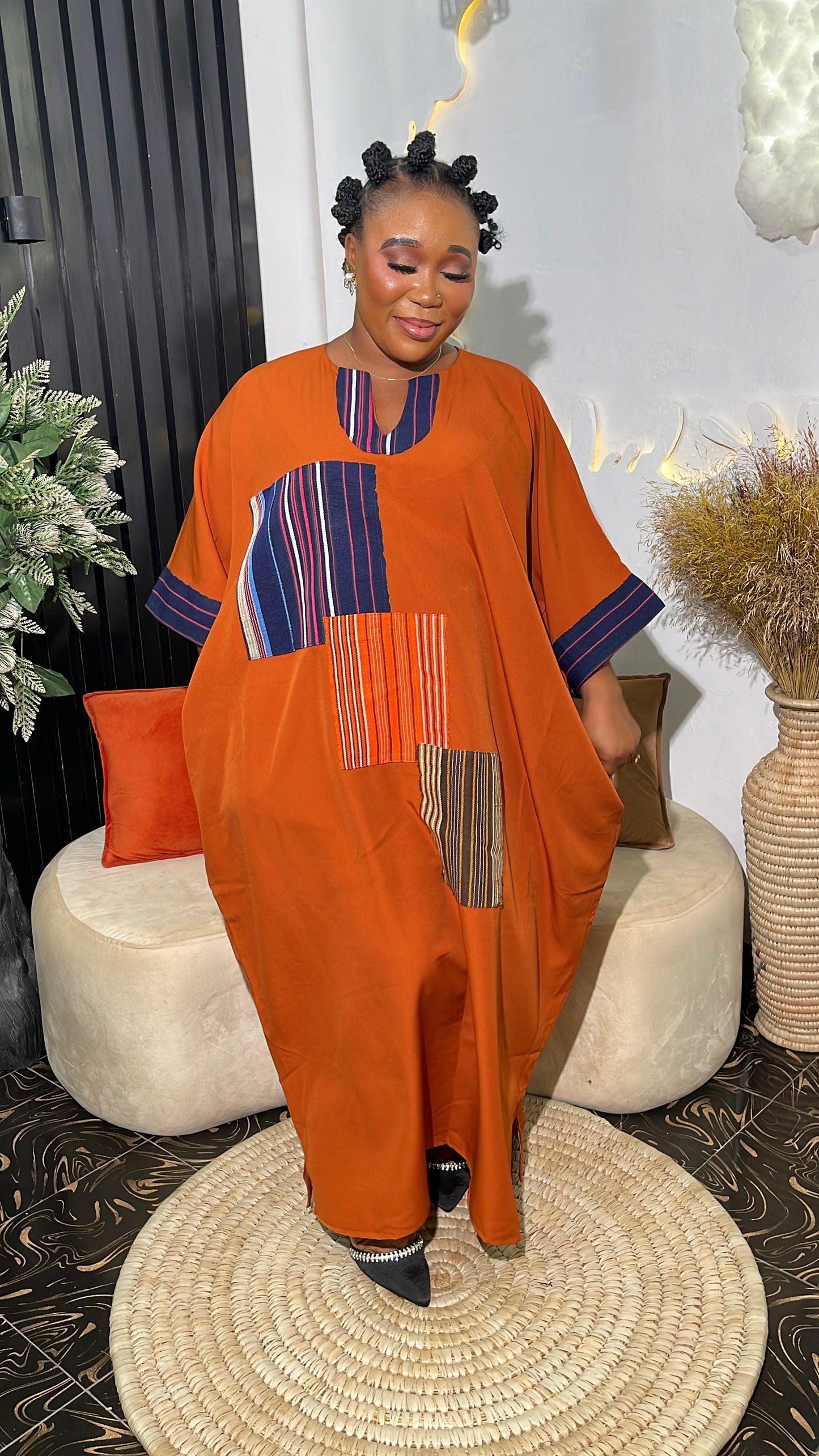 Omeun elegant crepe bubu dress with aso oke patches