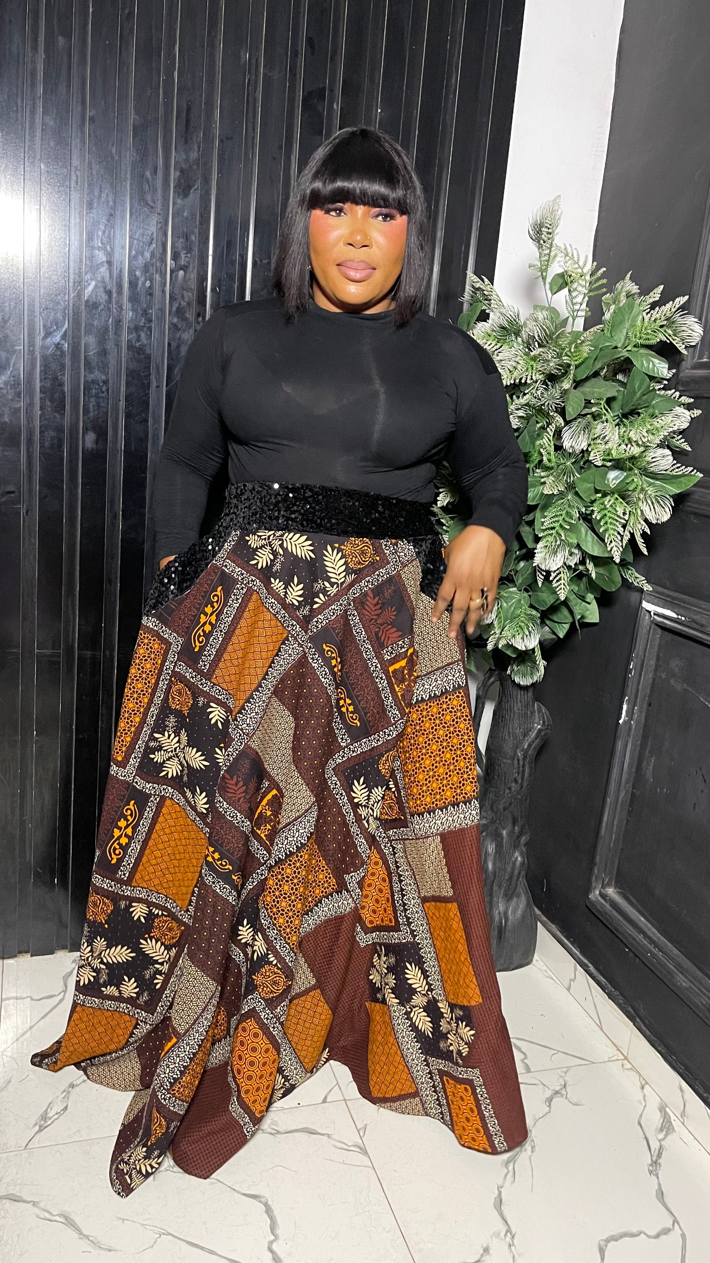 Remmy maxi Ankara flared skirt with sequin band