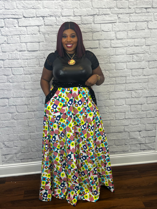 Maxi Ankara Skirt with sequins Waist band and pocket