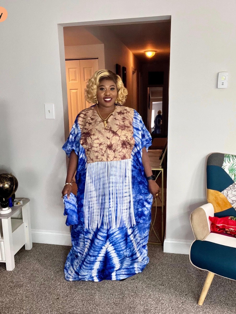 Quality African Silk Adire tie-dye dress with fringe
