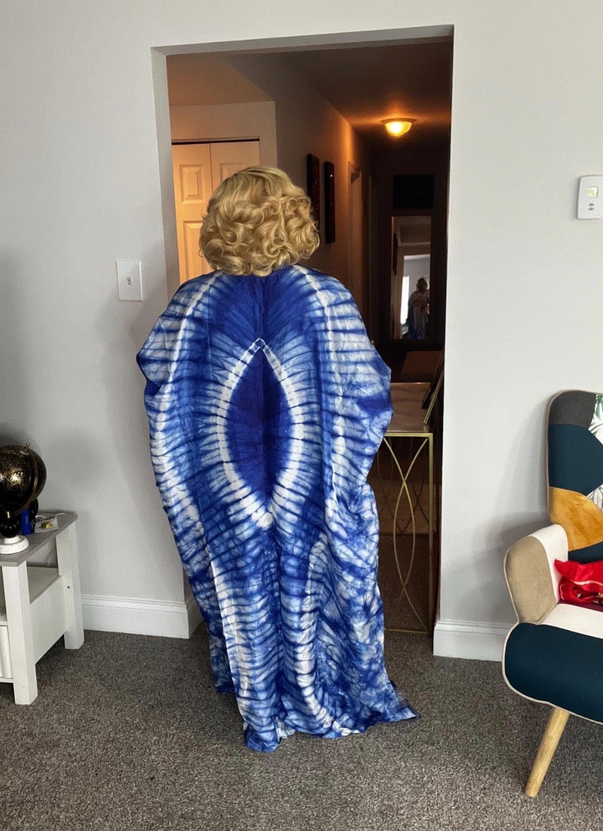 Quality African Silk Adire tie-dye dress with fringe