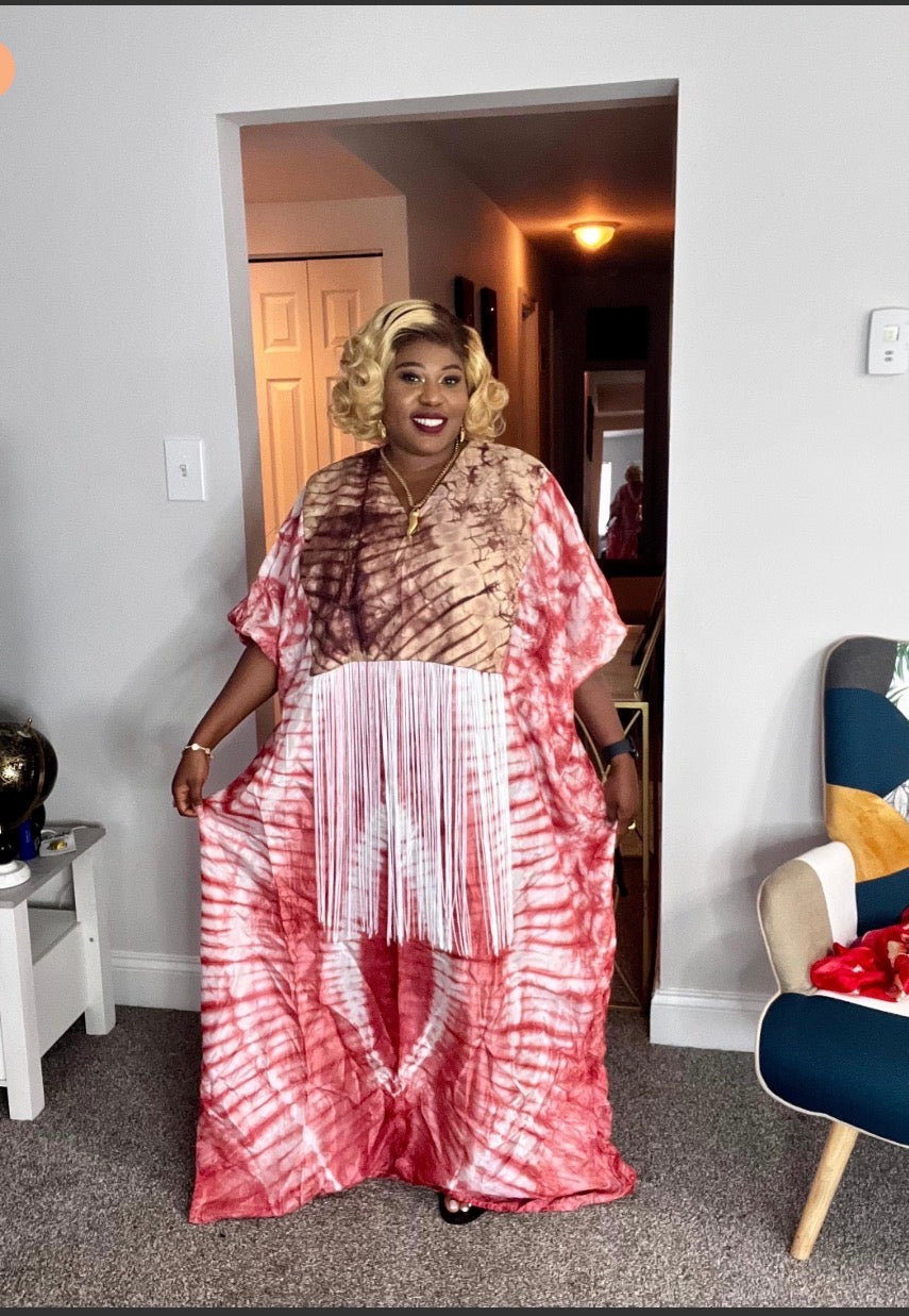 Quality African Silk Adire tie-dye dress with fringe
