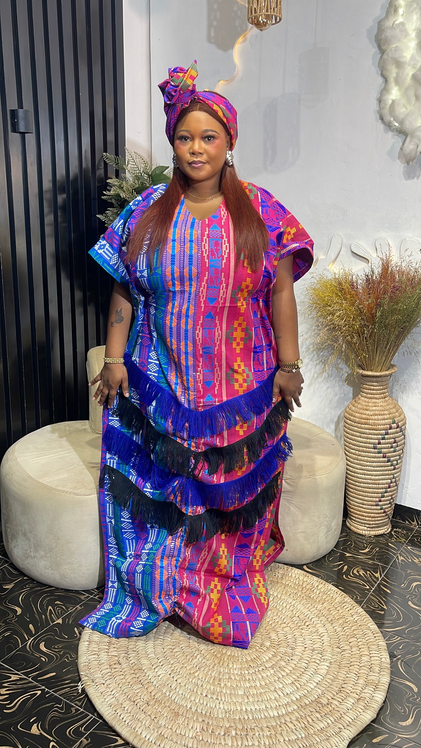 Ramat Akwete kente maxi free size bubu dress with fringe