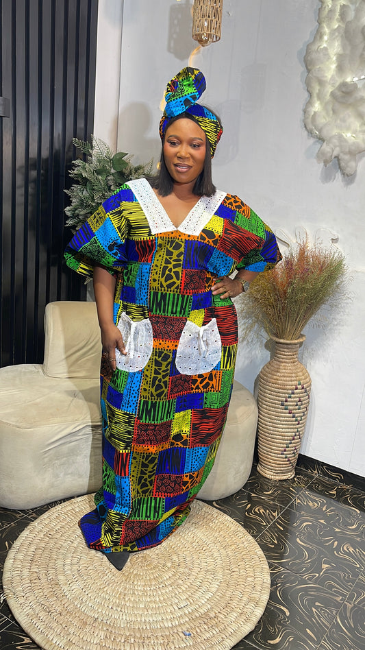 Chisoma Quality Ankara bubu kaftan dress with white lace
