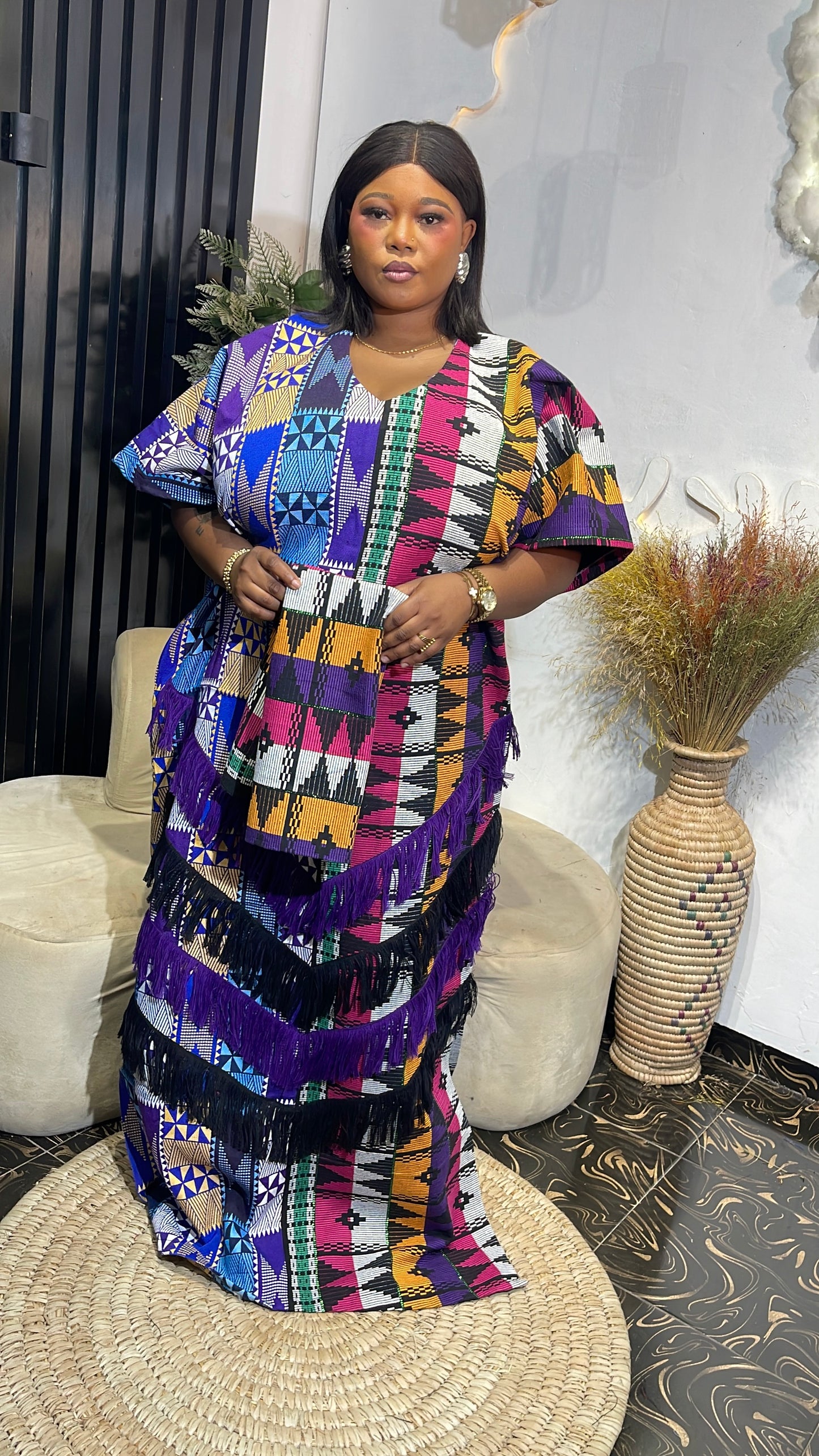 Rhamat Akwete kente maxi free size bubu dress with fringe