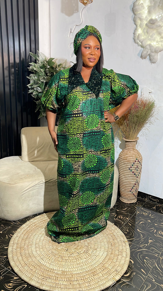 Temilade Elegant Ankara Bubu kaftan dress with black sequin collar
