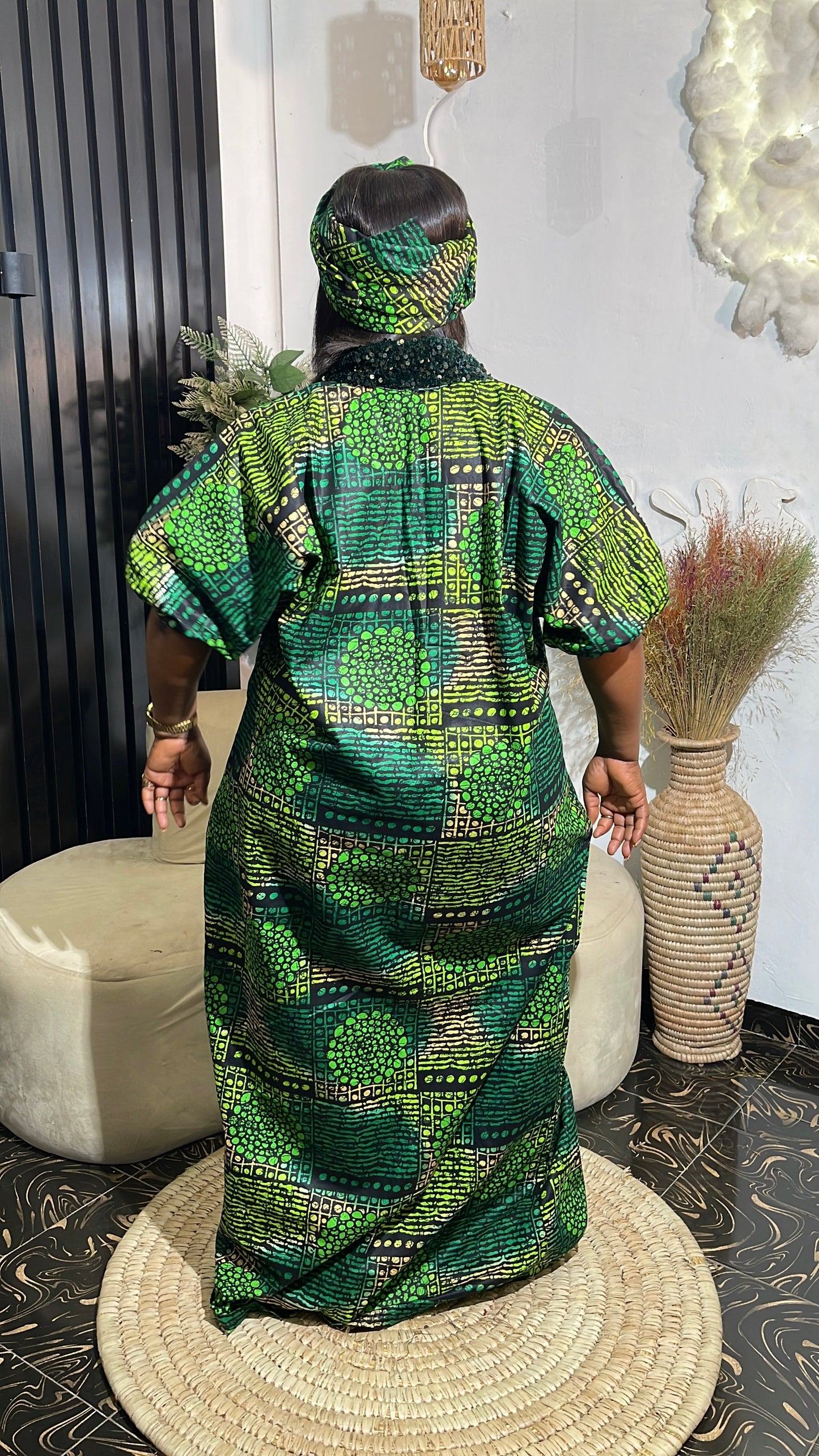 Temilade Elegant Ankara Bubu kaftan dress with black sequin collar
