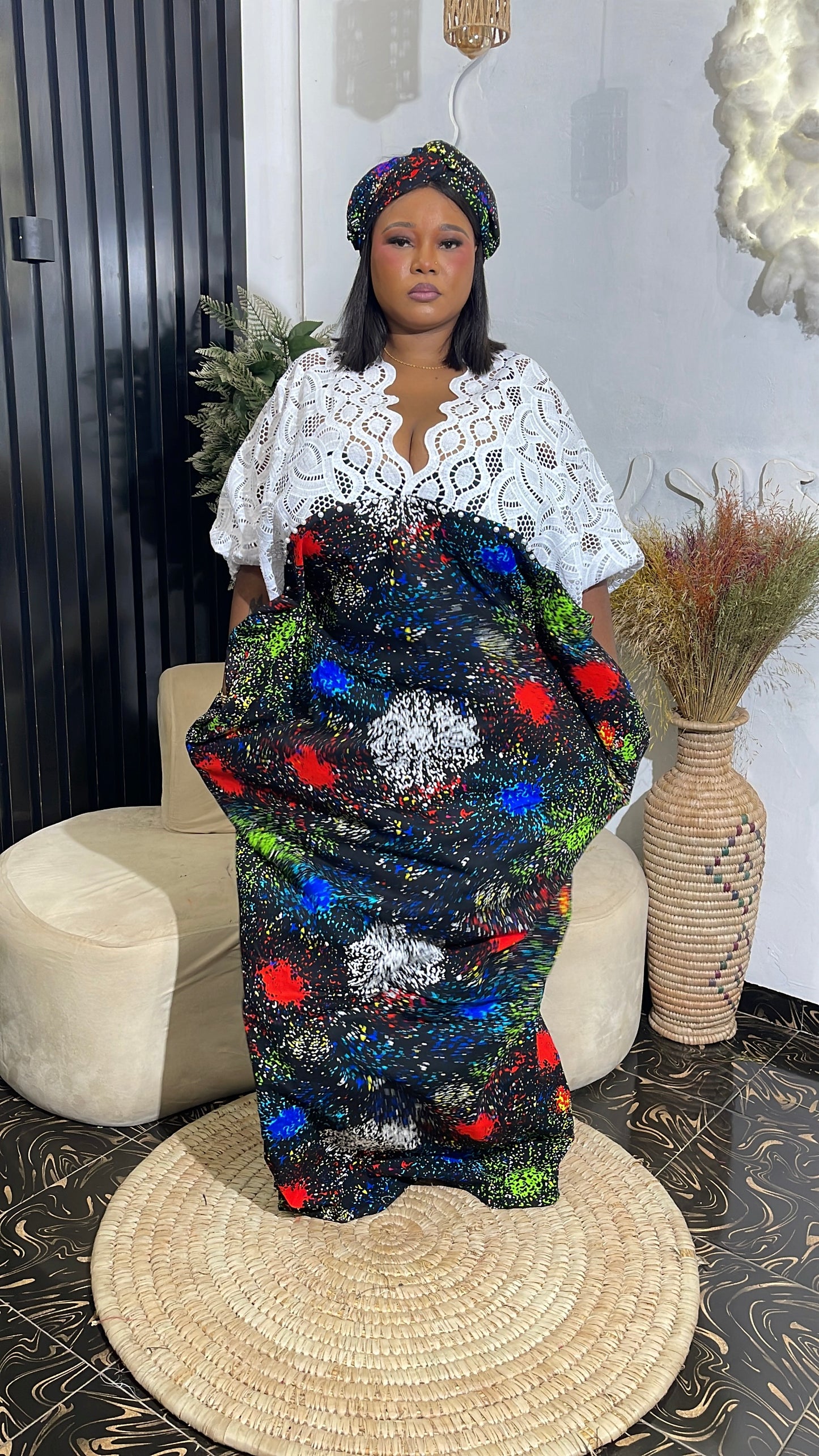 Oluchi Quality Ankara bubu kaftan dress with white lace