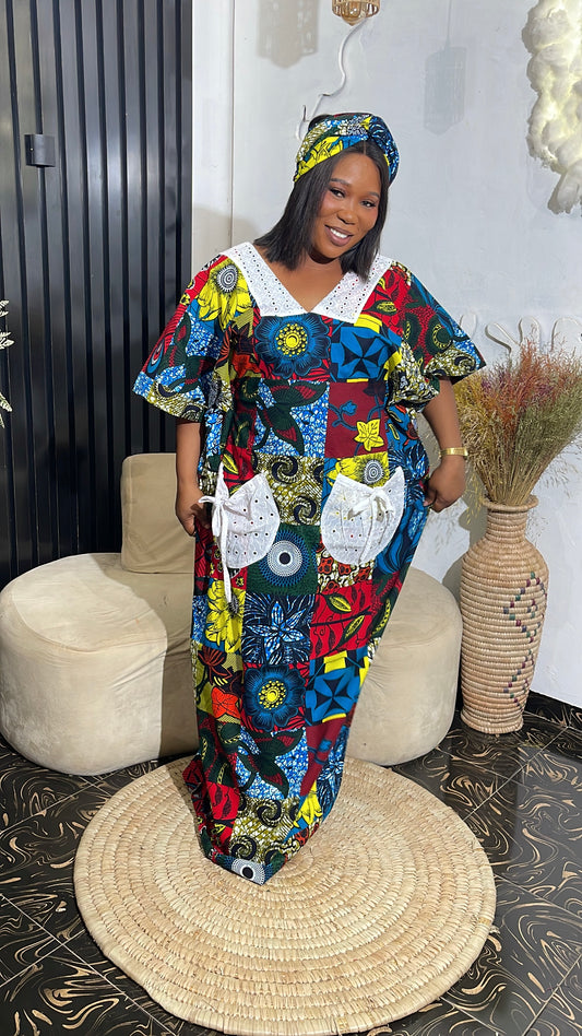 Chisom Quality Ankara bubu kaftan dress with white lace