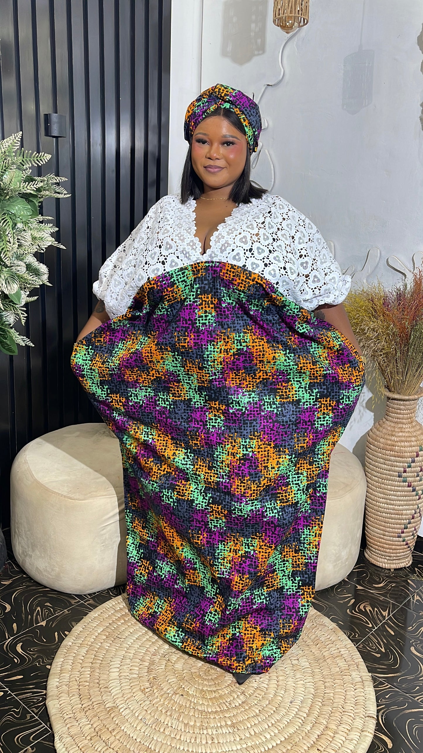 Oluchii Quality Ankara bubu kaftan dress with white lace
