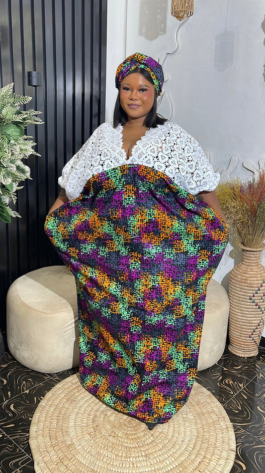 Oluchii Quality Ankara bubu kaftan dress with white lace
