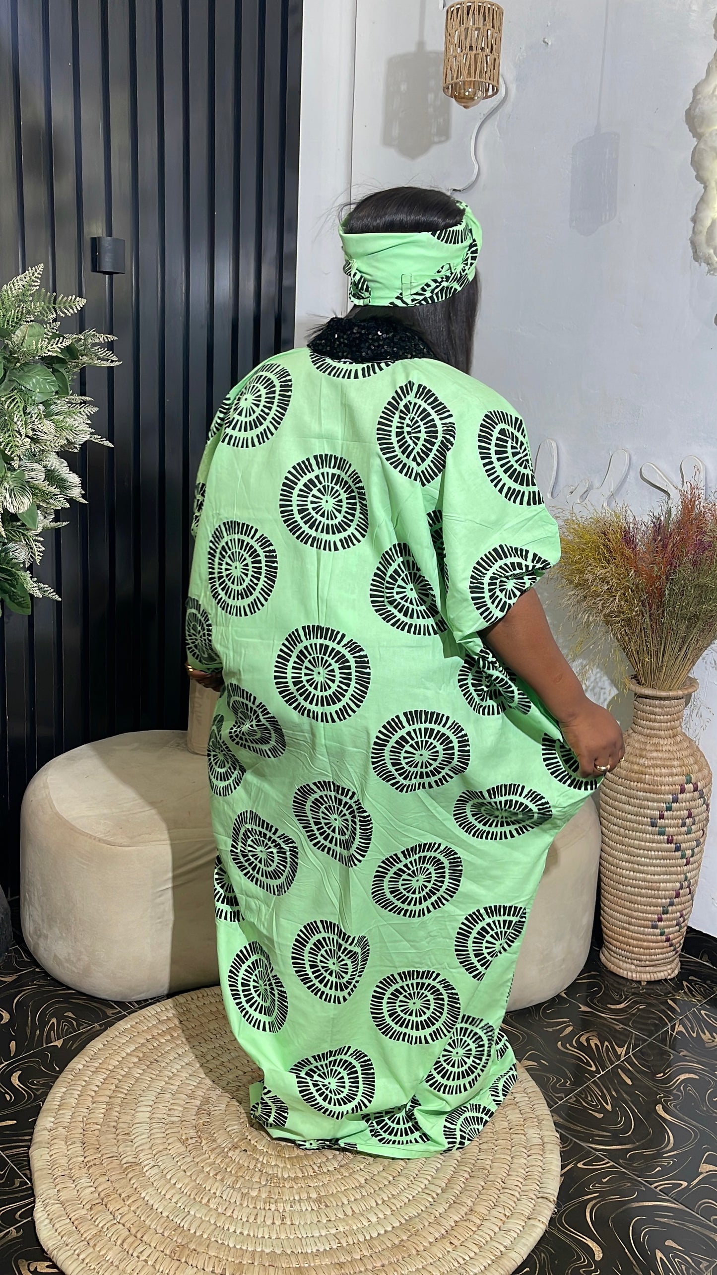 Temilade Elegant Ankara Bubu kaftan dress with black sequin collar