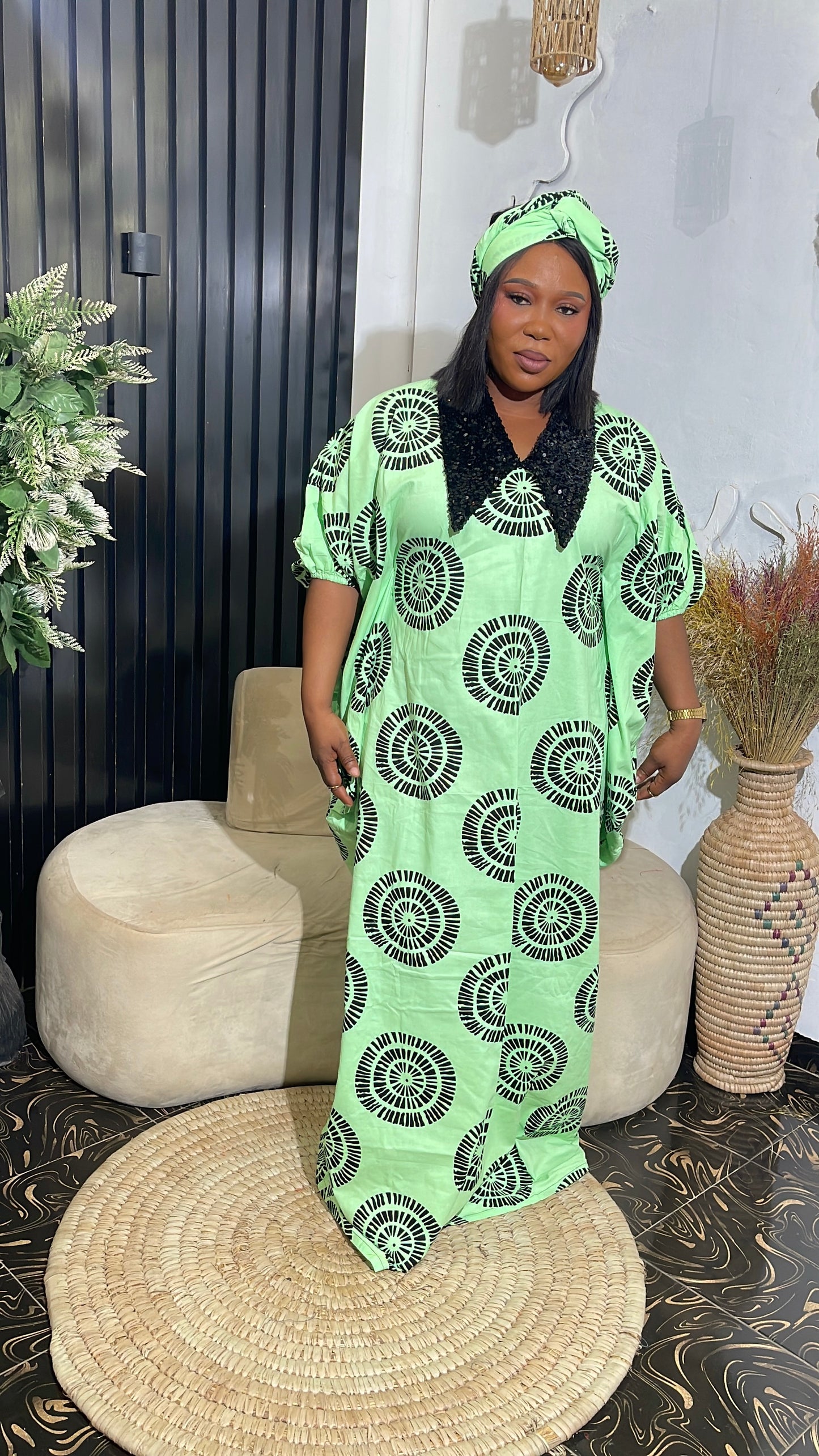 Temilade Elegant Ankara Bubu kaftan dress with black sequin collar