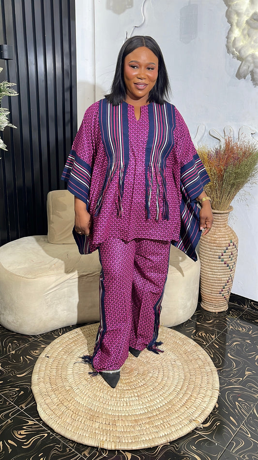 Vera African Ankara blouse and Pant Set with aso oke | 100% Cotton Traditional Wear.