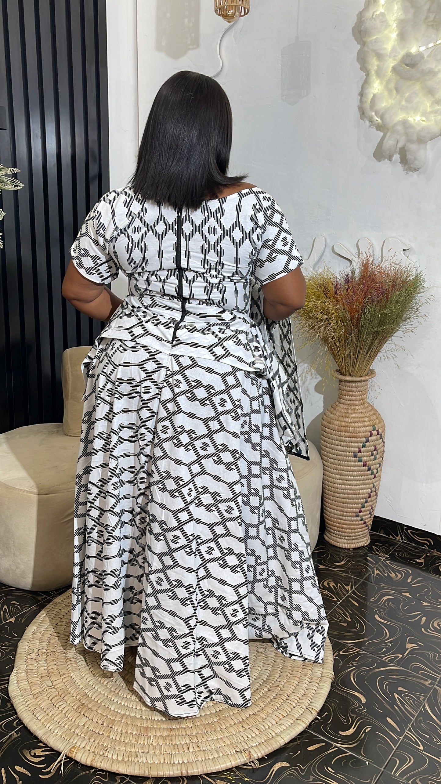 Titi African Ankara Dress with Peplum and Scarf | 100% Cotton Traditional Wear