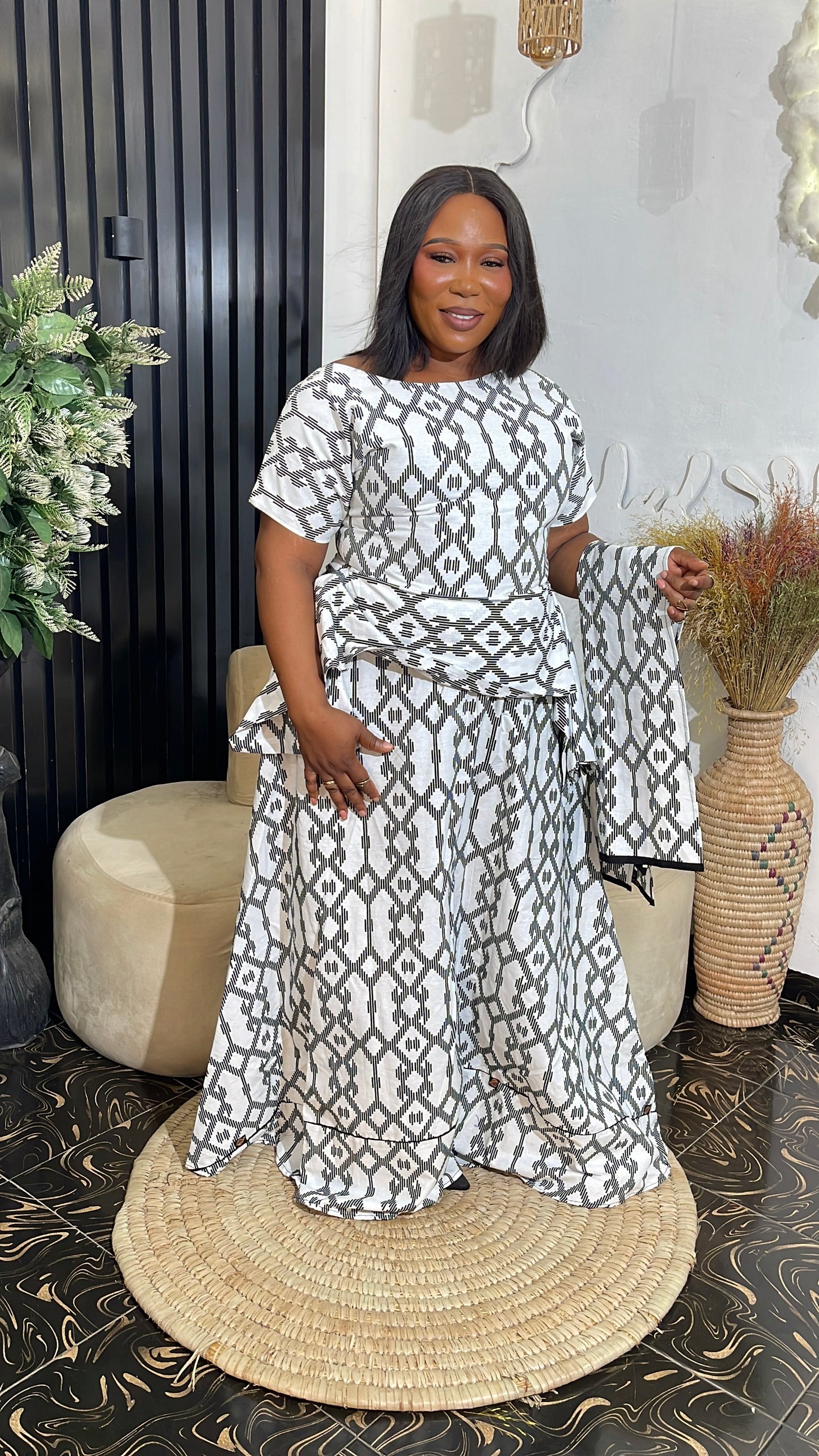 Titi African Ankara Dress with Peplum and Scarf | 100% Cotton Traditional Wear