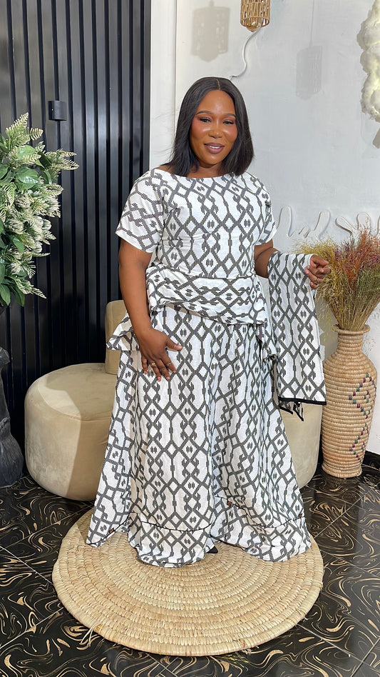 Titi African Ankara Dress with Peplum and Scarf | 100% Cotton Traditional Wear
