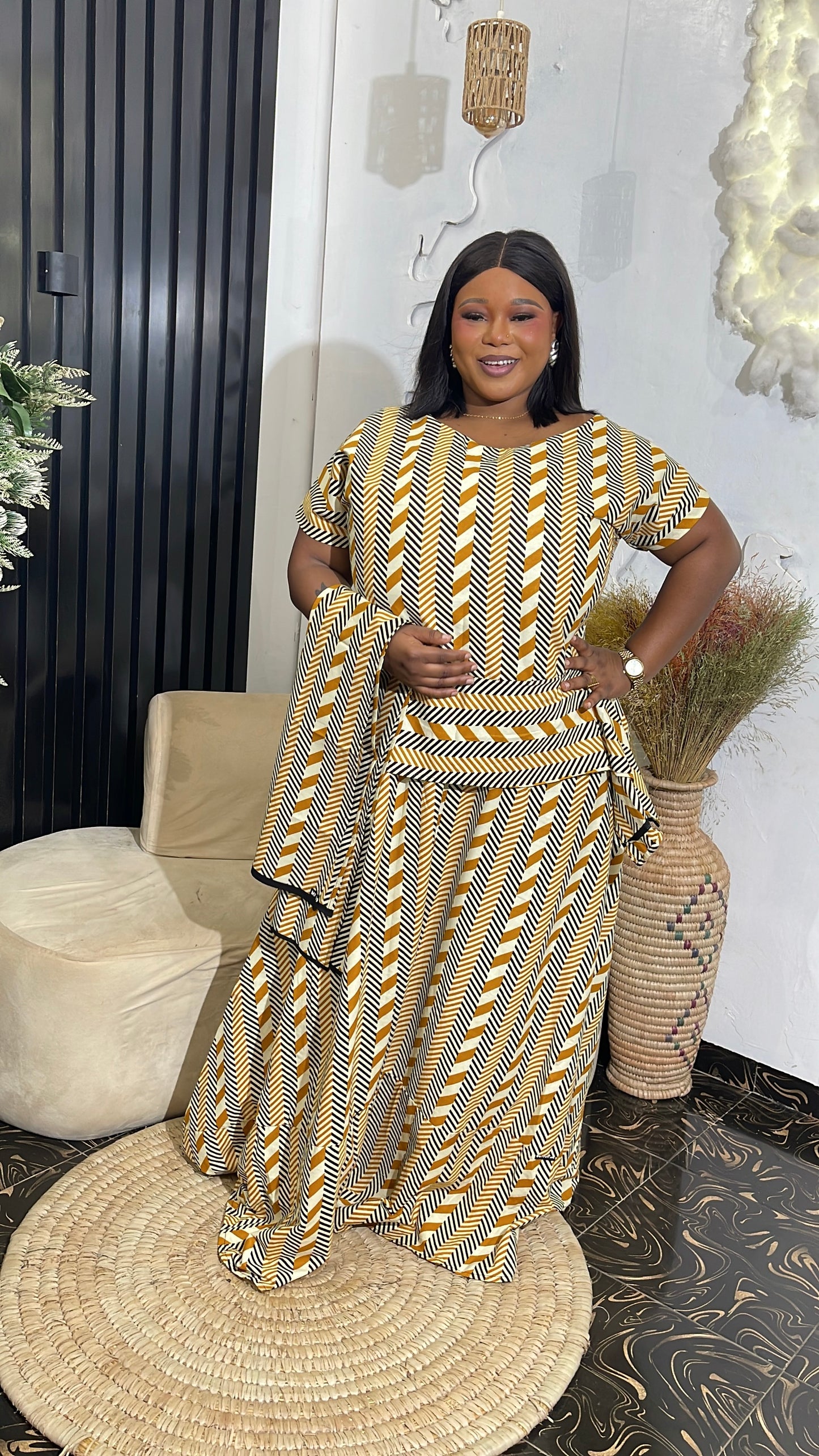 Titi African Ankara Dress with Peplum and Scarf | 100% Cotton Traditional Wear