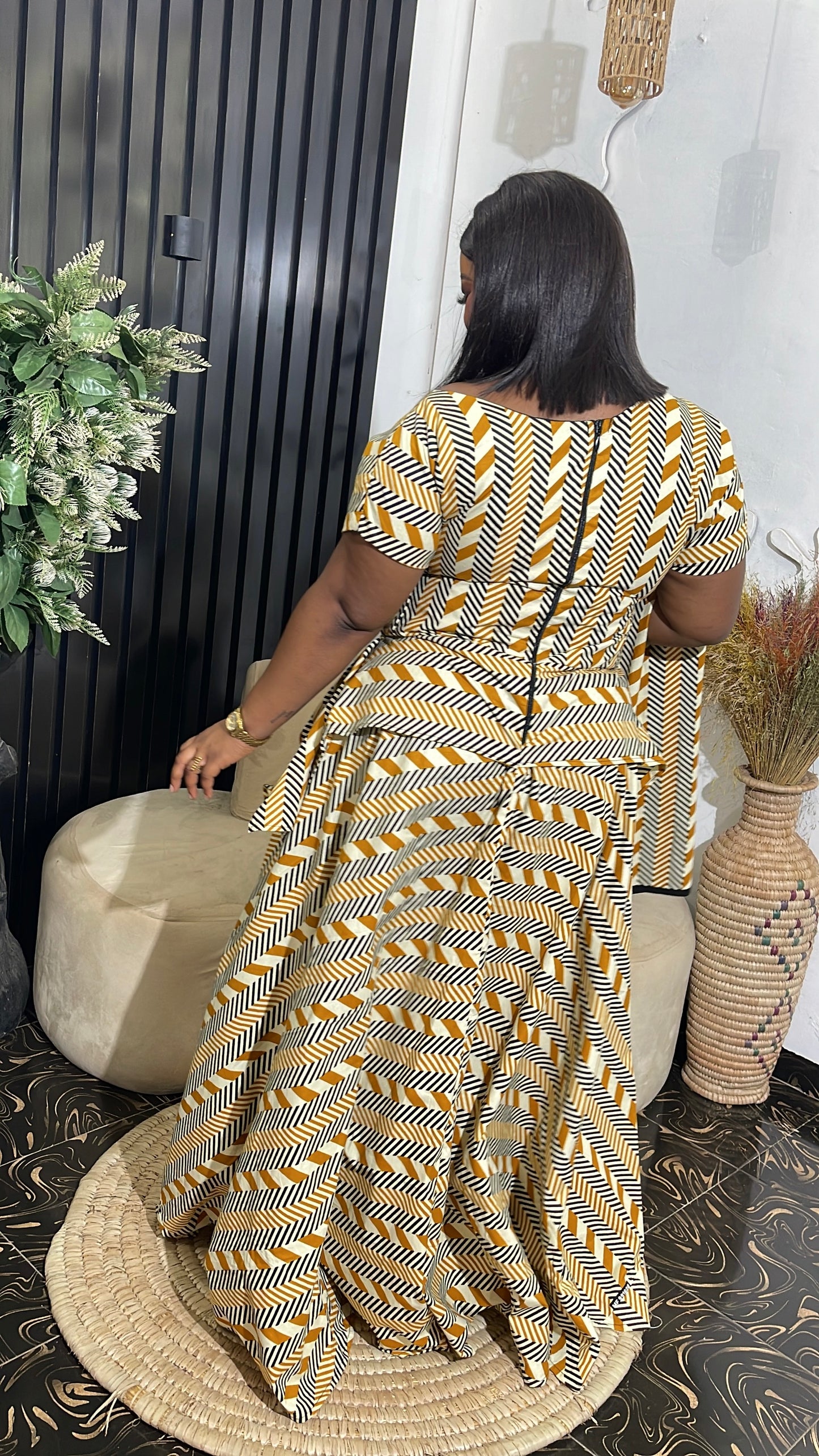 Titi African Ankara Dress with Peplum and Scarf | 100% Cotton Traditional Wear