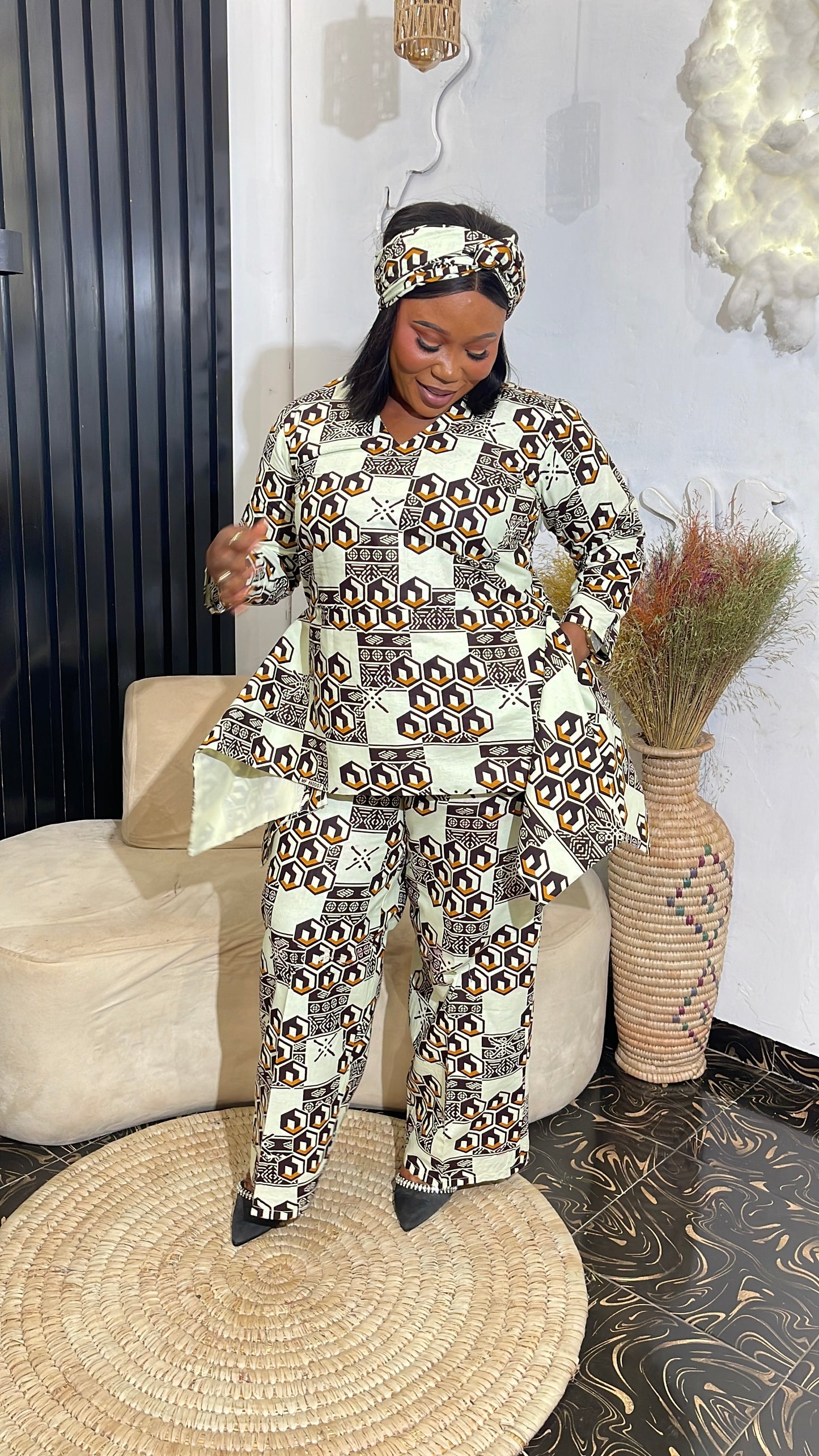 Hilary African Ankara Pant Set with Peplum Blouse and Scarf | 100% Cotton Traditional Wear.