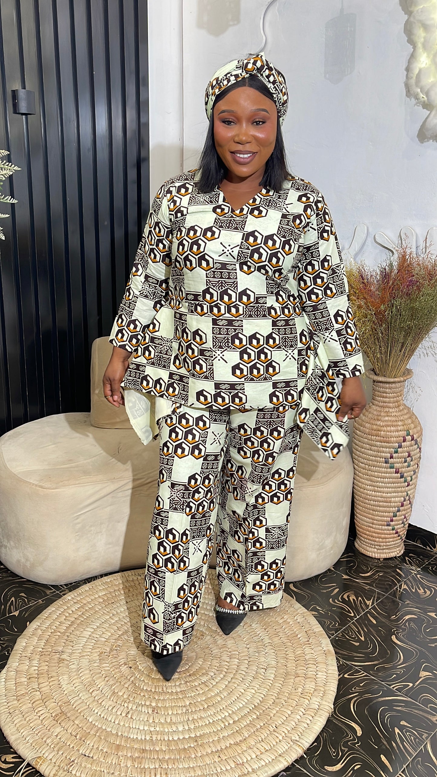 Hilary African Ankara Pant Set with Peplum Blouse and Scarf | 100% Cotton Traditional Wear.