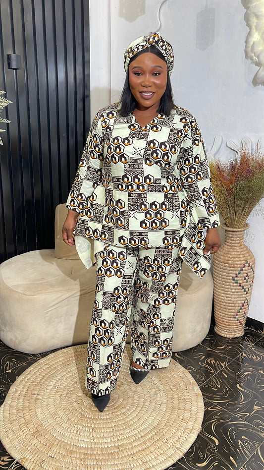 Hilary African Ankara Pant Set with Peplum Blouse and Scarf | 100% Cotton Traditional Wear.