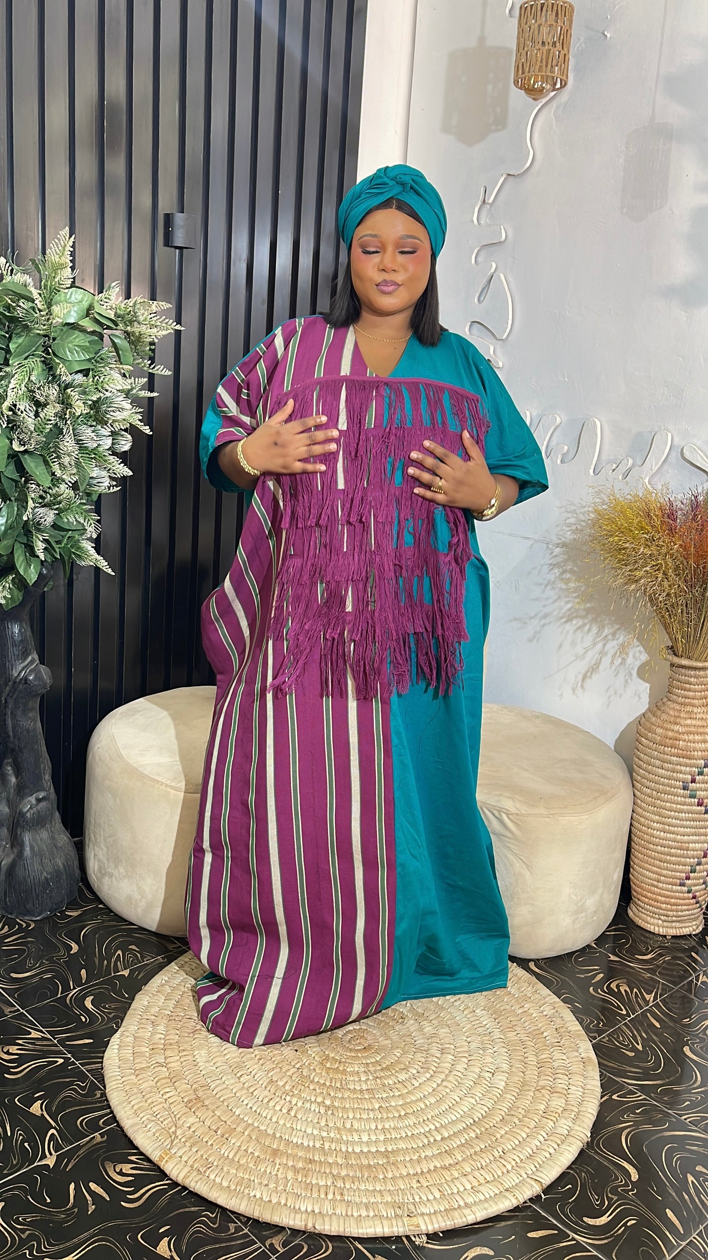 Ifeomaa Elegant Aso oke stylish maxi dress with fringe