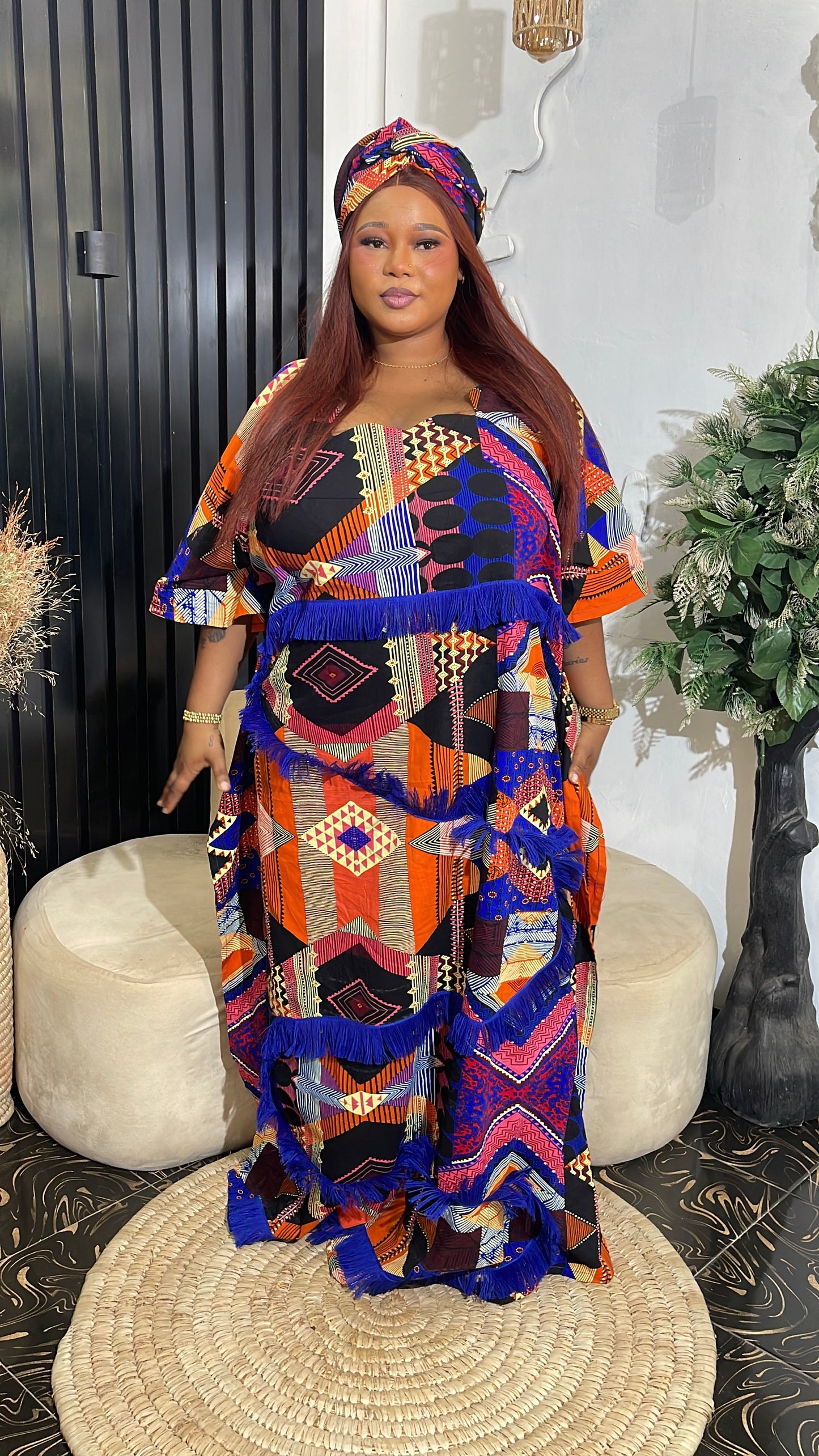 Adunola Elegant Ankara Bubu kaftan dress with fringes